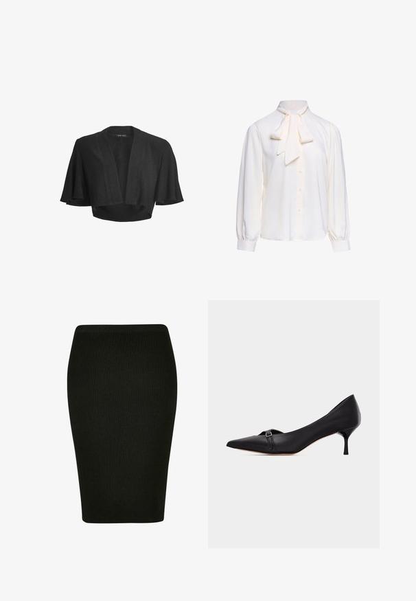 Boléro noir court à ouverture devant, avec de larges manches courtes volantées et un tissu subtilement irisé.; Blouse blanche à manches longues avec boutonnière devant et grand nœud noué au col sur un fond uni.; Jupe crayon noire à côtes avec un design ajusté. Dotée d'une taille haute et d'un tissu texturé, offrant une silhouette lisse.; Escarpin en cuir noir à bout pointu avec un petit talon kitten et une fine bride à boucle sur le devant, présenté sur un fond blanc uni.