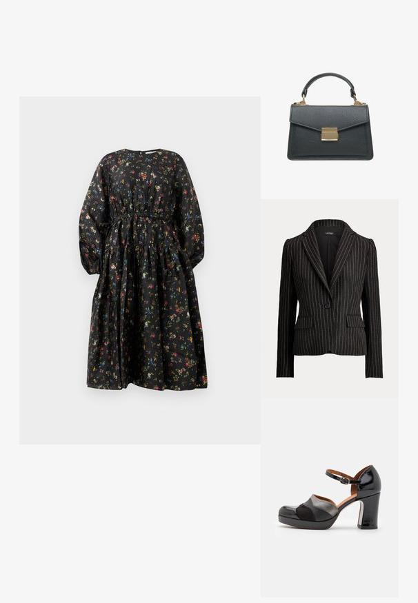 Schwarzer, maßgeschneiderter Blazer mit weißen Nadelstreifen, Ein-Knopf-Verschluss, Revers mit Kerbe und vordere Pattentaschen.; Schwarzes Blumenmusterkleid mit langen Ärmeln, geraffter Taille und gestuftem Rock. Es zeichnet sich durch ein buntes Blumenmuster und eine glatte Stoffstruktur aus.; Schwarzer und grauer High-Heel-Schuh mit runder Zehenpartie, Knöchelriemen und strukturiertem Obermaterial, ausgestattet mit einem Blockabsatz und kontrastierenden Einsätzen.; Schwarze, strukturierte Lederhandtasche mit kurzem Griff und rechteckigem goldfarbenem Verschluss an der vorderen Klappe.