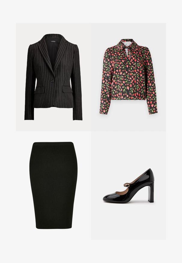 Blazer noir cintré avec fines rayures blanches, fermeture à un bouton, revers crantés et poches avant à rabat.; Blouse noire avec un motif floral de fraises rouges et de feuilles vertes, dotée d'un col et d'une ouverture en forme de clé au niveau du décolleté.; Jupe crayon noire à côtes avec un design ajusté. Dotée d'une taille haute et d'un tissu texturé, offrant une silhouette lisse.; Chaussure Mary Jane à talon haut en cuir verni noir avec un bout arrondi et une petite sangle à boucle sur le coup de pied sur fond blanc.