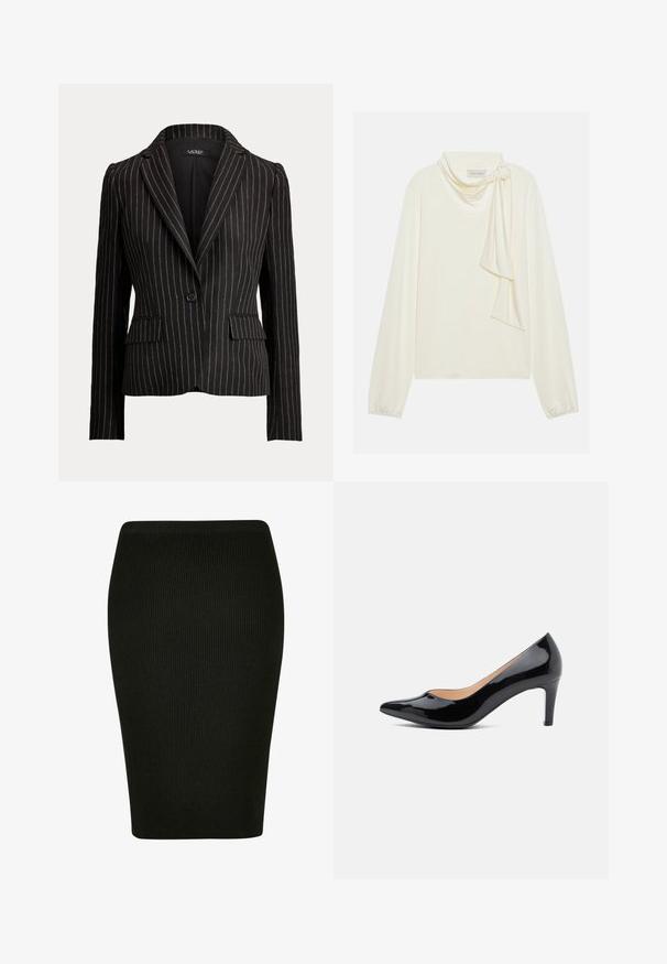 Sort skræddersyet blazer med hvide nålestriber, enkel-knap lukning, hakkede reversible kraver og frontlommer med klap.; Cremefarvet langærmet top med V-hals og en knyttet tørklæde-detail på halsudskæringen. Glat tekstur med indsamlede ærmer.; Sort ribbet blyantskjørt med en tætsiddende pasform. Har en høj talje og tekstiler, der giver en glat silhuet.; Sorte patenterede læderhøje hæle med spids tå, glat finish og 3-tommer stilet hæl. Minimalistisk design uden udsmykninger.