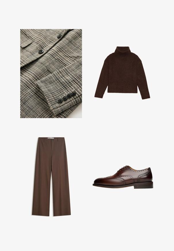 Veste à carreaux beige et noire en tissu texturé, avec quatre boutons noirs sur le poignet et une seule poche poitrine.; Pull en maille côtelée marron à col roulé, avec des manches longues et une silhouette courte, présentant un design de tricot épais et texturé.; Pantalons larges marron avec une texture lisse, des plis à l'avant, une fermeture à bouton et deux poches latérales. Conçus pour le confort et la polyvalence.; Chaussure habillée en cuir marron avec des détails en brogue, finition lisse, bout rond, six œillets et un talon empilé. Perforations subtiles le long des bords.