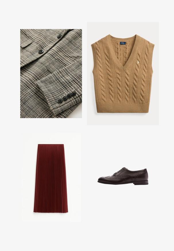 Beige og sort ternet jakke med tekstureret stof, der har fire sorte knapper på manchetten og en enkelt brystlomme.; Camelbrun kabelstrikket ærmeløs V-hals sweater vest med Polo Ralph Lauren mærke og lille broderet logo foran.; Plisseret midi-nederdel i dyb rød, med et tekstureret stof og jævnt fordelte vertikale folder. Kanten falder omkring midt på læggen.; Brune læder dress sko med brogue-detaljer, snørebånds lukning, rund tå og en lav stablet hæl. Poleret finish og indviklede perforeringer.
