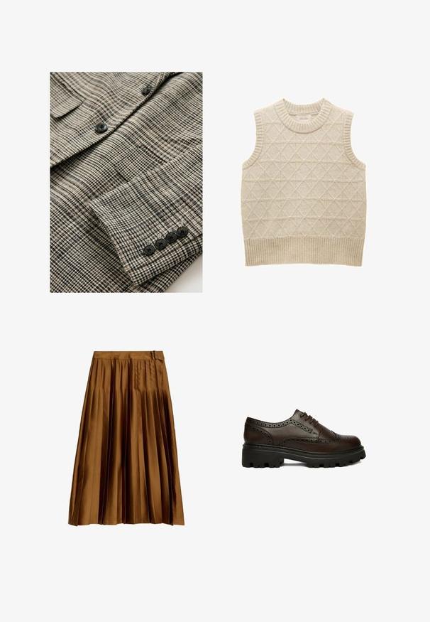 Beige og sort ternet jakke med tekstureret stof, der har fire sorte knapper på manchetten og en enkelt brystlomme.; Beige strikket ærmeløs sweater med diamantmønster, ribbet krave og kant, lavet af blødt materiale for komfort. Mærket er synligt indeni.; Brun satin plisseret midi-nederdel med en høj talje og suedetailer, vist fladt på en hvid baggrund.; Mørkebrun læder brogue sko med perforerede detaljer og tyk sort rillesål, set fra siden på hvid baggrund.