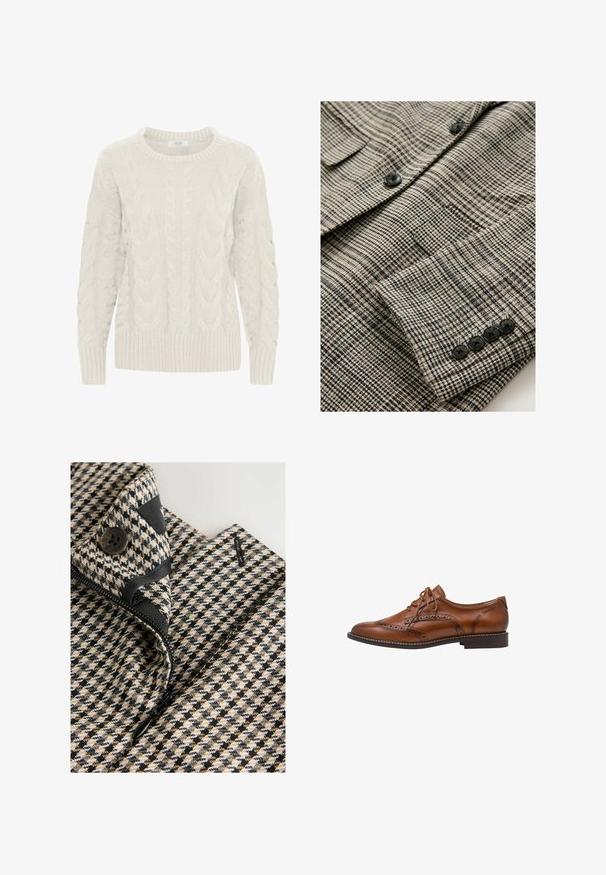 Beige og sort ternet jakke med tekstureret stof, der har fire sorte knapper på manchetten og en enkelt brystlomme.; Lys grå kabelstrikket sweater med rund hals, teksturerede mønstre og ribstrikkede manchetter og kant. Lavet af blødt, chunky garn.; Close-up af et beige, sort og hvid hundetandsmønstret beklædningsstykke med en sort knap og delvist åben sort lynlås.; Brun læder brogue oxford sko med vingetip detaljer, perforeringer, snørebånd og lav stablet hæl på hvid baggrund.