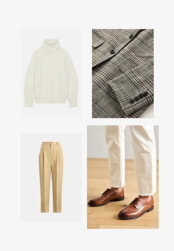 Beige en zwart geruit jack met gestructureerde stof, voorzien van vier zwarte knopen aan de manchet en een enkele borstzak.; Romper met col in crèmekleur, gemaakt van zacht breimateriaal. Beschikt over een ontspannen pasvorm, raglanmouwen en geribde manchetten en zoom.; Beige, hooggetailleerde broek gemaakt van een lichtgewicht stof. Voorzien van een geplooide voorkant en rechte pijpen. Zonder zakken of versieringen.; Bruine leren brogueschoenen met geperforeerde details, ronde neus en een gladde afwerking, gecombineerd met crèmekleurige broek met franje aan de onderkant.