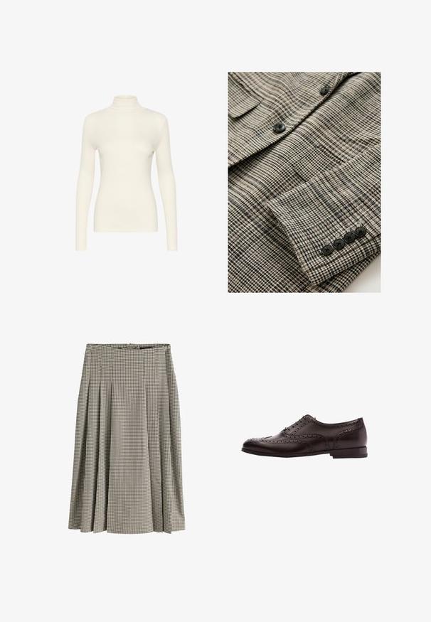 Beige og sort ternet jakke med tekstureret stof, der har fire sorte knapper på manchetten og en enkelt brystlomme.; Hvid langærmet turtleneck-top, lavet af glat stof med en tætsiddende form, der har en høj krave og et minimalistisk design.; Midlang plisseret nederdel med sort og hvid hundetandsmønster, høj talje og struktureret stof.; Brune læder dress sko med brogue-detaljer, snørebånds lukning, rund tå og en lav stablet hæl. Poleret finish og indviklede perforeringer.