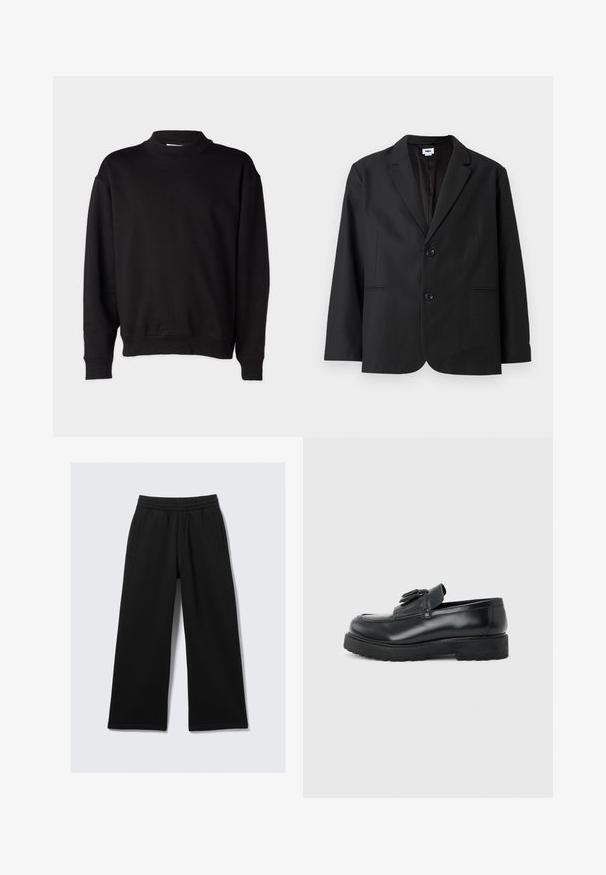 Sort blazer med skræddersyet pasform, to frontknapper, spidse revers og sidelommer. Lavet af tekstureret stof, med ensfarvet design.; Sort sweatshirt med høj, ribbet krave, lange ærmer og en afslappet pasform. Blød tekstur med ribbede manchetter og kant.; Sorte bukser med brede ben, elastik i taljen, to sidelommer og en glat tekstur. Designet for komfort og bevægelsesfrihed.; Sort læderloafer med kvaster, tyk gummisål og lav hæl, vist i sideprofil på en ensfarvet baggrund.