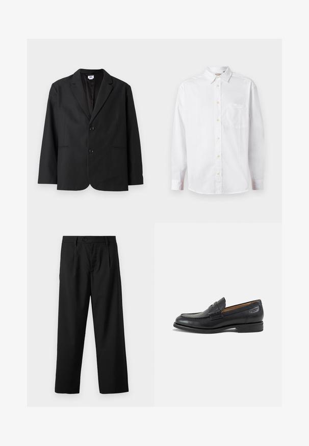 Sort blazer med skræddersyet pasform, to frontknapper, spidse revers og sidelommer. Lavet af tekstureret stof, med ensfarvet design.; Hvid langærmet skjorte med knapper, krave og brystlomme, vist på en ensfarvet lys baggrund.; Sorte bukser med lige pasform, der har en enkelt knaplukning, to for-lommer og en glat, let stofstruktur.; Sort læder herresko med syninger, lav stakket hæl og en smal rem over overdelen, vist fra siden på en hvid baggrund.