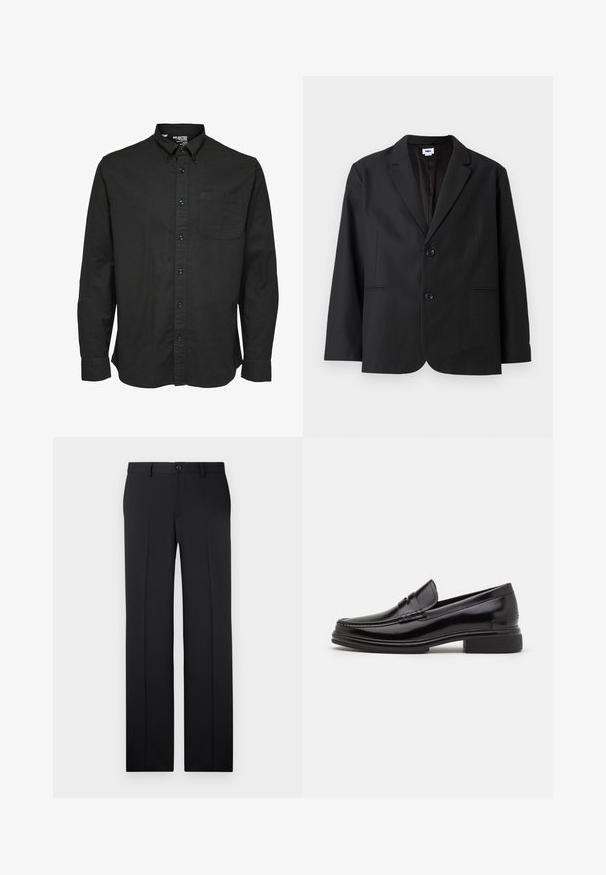 Sort blazer med skræddersyet pasform, to frontknapper, spidse revers og sidelommer. Lavet af tekstureret stof, med ensfarvet design.; Sort langærmet skjorte med knapper i bomuldsstof, med standard krave, brystlomme og matchende sorte knapper.; Sorte, skræddersyede bukser med lige ben, glat stof, pressefolder foran og en enkelt knaplukning i taljen.; Sorte læder loafers med en rund tå, der har en syet detalje over vristen og en lav blokhæl. Glat tekstur og blank finish.
