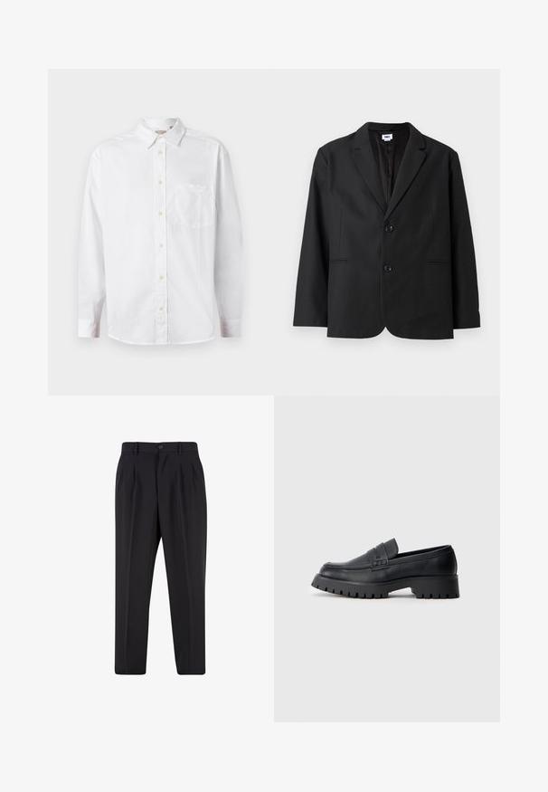 Sort blazer med skræddersyet pasform, to frontknapper, spidse revers og sidelommer. Lavet af tekstureret stof, med ensfarvet design.; Hvid langærmet skjorte med knapper, krave og brystlomme, vist på en ensfarvet lys baggrund.; Sorte skræddersyede bukser med forreste læg, bæltestropper og knaplukning i taljen.; Sorte læder loafers med en rund tå, prydet med en dekorativ rem og en kraftig gummisål med dybe riller for grip.