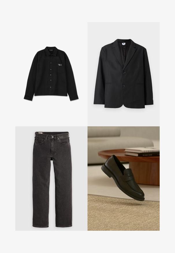 Sort blazer med skræddersyet pasform, to frontknapper, spidse revers og sidelommer. Lavet af tekstureret stof, med ensfarvet design.; Sort langærmet skjorte lavet af stof, med krave, knap-lukning foran, enkelt brystlomme og broderet logo i hvid på lommen.; Sorte denim jeans med lige ben, fem lommer og metalbeslag. Stoffet har en let struktur og en ensfarvet finish.; Sort læderloafer vist i luften over en beige vævet tæppe, med et træbord og stablede bøger i et blødt oplyst stue.