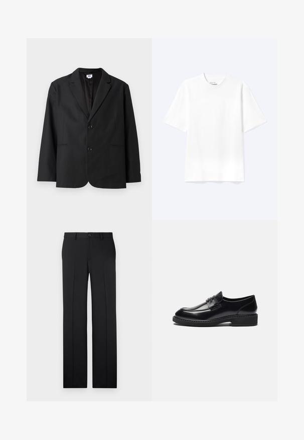 Sort blazer med skræddersyet pasform, to frontknapper, spidse revers og sidelommer. Lavet af tekstureret stof, med ensfarvet design.; Enkel hvid T-shirt med korte ærmer og rund hals med afslappet pasform, vist på en lys baggrund.; Sorte, skræddersyede bukser med lige ben, glat stof, pressefolder foran og en enkelt knaplukning i taljen.; Zign by Zalando LEATHER - Business loafers - black