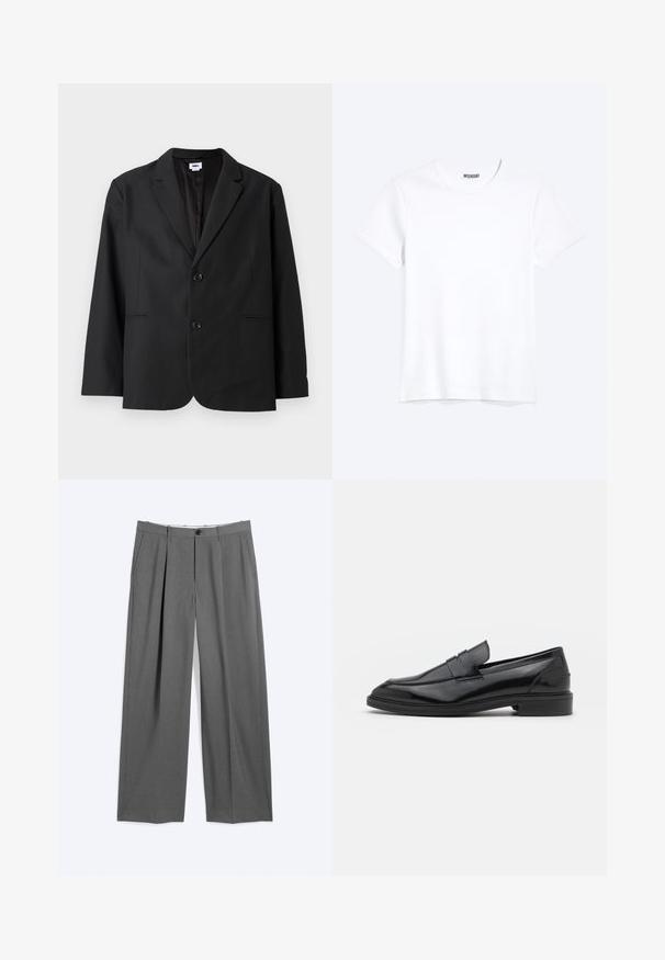 Sort blazer med skræddersyet pasform, to frontknapper, spidse revers og sidelommer. Lavet af tekstureret stof, med ensfarvet design.; Enkelt hvid T-shirt med korte ærmer og rund hals med synligt WEEKDAY-mærke i kraven, vist på en lys baggrund.; Grå formelle bukser med lige ben, for-tilslag, sidelommer, bæltestropper og forlukning foran med knap og lynlås.; Sorte læder loafers med en glat overflade, der har en rund tå og en smal bånd over det øverste. Lav stablet hæl.