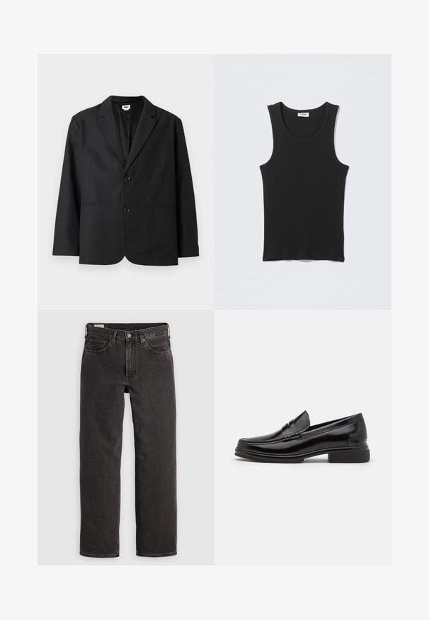 Sort blazer med skræddersyet pasform, to frontknapper, spidse revers og sidelommer. Lavet af tekstureret stof, med ensfarvet design.; Sort ærmeløs ribstrikket tanktop med rund halsudskæring, fladt lagt på lysegrå baggrund. Etiket med teksten "WEEKDAY."; Sorte denim jeans med lige ben, fem lommer og metalbeslag. Stoffet har en let struktur og en ensfarvet finish.; Sorte læder loafers med en rund tå, der har en syet detalje over vristen og en lav blokhæl. Glat tekstur og blank finish.