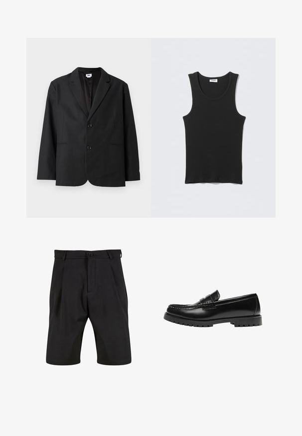 Sort blazer med skræddersyet pasform, to frontknapper, spidse revers og sidelommer. Lavet af tekstureret stof, med ensfarvet design.; Sort ærmeløs ribstrikket tanktop med rund halsudskæring, fladt lagt på lysegrå baggrund. Etiket med teksten "WEEKDAY."; Sorte shorts lavet af et glat stof med skræddersyet design, der har en frontknaplukning, læg og sidelommer.; Sort læderloafer med en kraftig gummisål og klassiske penny-strap detaljer, vist fra ydersiden.
