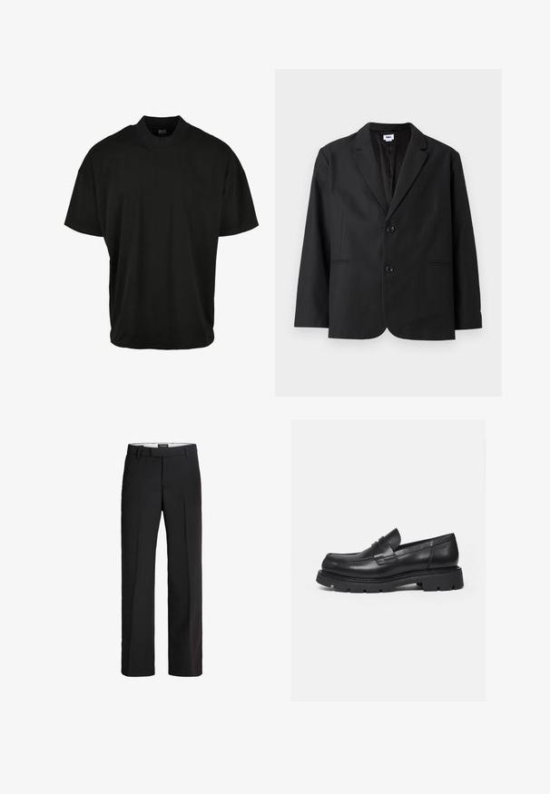 Sort blazer med skræddersyet pasform, to frontknapper, spidse revers og sidelommer. Lavet af tekstureret stof, med ensfarvet design.; Sort kortærmet T-shirt med rund halsudskæring, lavet af blødt stof, med en afslappet pasform og uden synlige mønstre eller accenter.; Sorte bukser med skræddersyet pasform; har en glat front, to sidelommer og en glat tekstur; lavet af et let, åndbart materiale.; Sort læderloafer med tyk rillede sål og penny-remdetalje, vist i højre sideprofil på hvid baggrund.