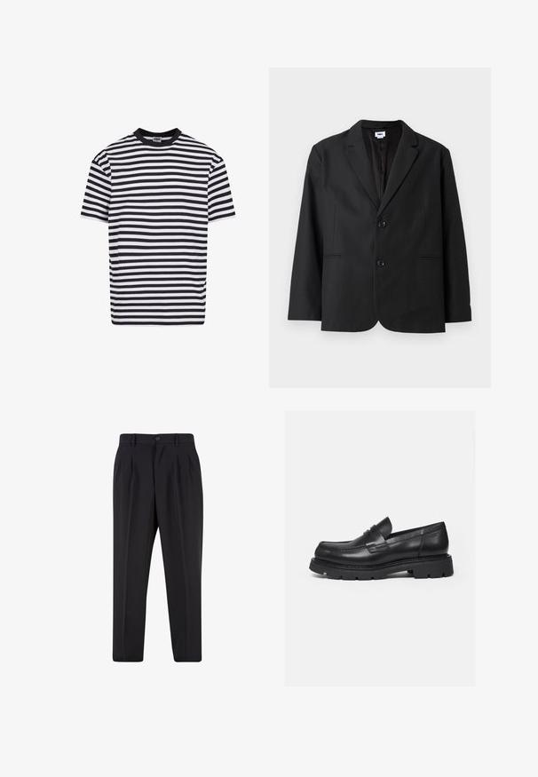 Sort blazer med skræddersyet pasform, to frontknapper, spidse revers og sidelommer. Lavet af tekstureret stof, med ensfarvet design.; Sort og hvid horisontalt stribet kortærmet t-shirt med en sort krave, mærket Urban Classics, størrelse medium.; Sorte skræddersyede bukser med forreste læg, bæltestropper og knaplukning i taljen.; Sort læderloafer med tyk rillede sål og penny-remdetalje, vist i højre sideprofil på hvid baggrund.