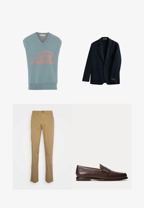 Donker marineblauwe, enkelrijige blazer met gekartelde revers, twee knopen aan de voorkant, opgestikte zak en een label op de manchet van de linker mouw.; Lichtblauwe mouwloze gebreide vest met een V-hals, voorzien van een roze grafisch ontwerp met het woord "another" en een snelheidsmotief. Geribbelde zoom.; Khaki chinos met een slim fit, gemaakt van een katoenmix. Voorzien van een knoopsluiting en standaard vijf-pocketontwerp. Soepele textuur.; Donkerbruine leren penny loafer met stikseldetails en lage gestapelde hak, van opzij gezien op een effen achtergrond.