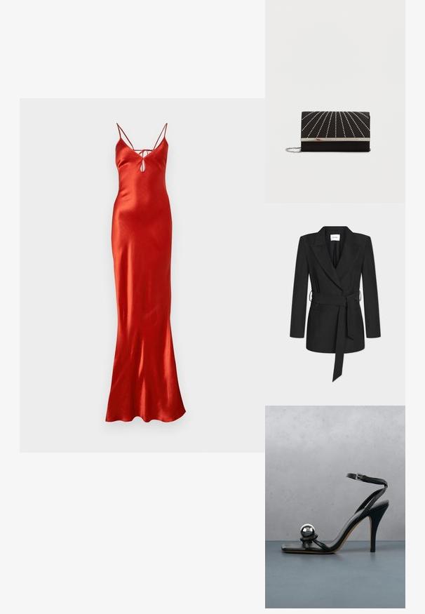 Schwarzer Langarm-Blazer mit weitem Revers und passendem Gürtel, der in der Taille gebunden ist, auf hellem, schlichter Hintergrund präsentiert.; Rotes Satin-Maxikleid mit taillierter Brustpartie, verstellbaren Spaghettiträgern und einem Schlüsselloch-Ausschnitt am Ausschnitt. Glatte, geschmeidige Textur.; Schwarze High-Heel-Sandale mit Knöchelriemen und metallisch silberner dekorativer Kugel auf einer Holzfliesenoberfläche im Freien mit verschwommenem Grün und Wand im Hintergrund.; Schwarze Clutch mit glatter Textur, verziert mit silbernen Nietenlinien, die radial von der Mitte ausgehen, sowie einem metallischen silbernen Verschluss und einem Kettenriemen.