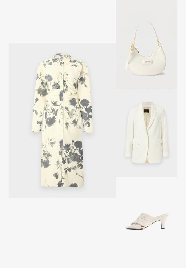 Hvid skræddersyet blazer med enkelt knap, revers med hakket krave, klaplommer og beige inderfor, mærket med BOSS-logo indvendigt i kraven.; Langærmet skjorteerkjole i blødt gult stof med et sort blomsterprint og samlet detalje ved taljen.; Beige højhælede mules med et snoet læderstropdesign, åben tå og præget logoaccent. Hælen har en sort spidsdetalje.; Hvid skuldertaske formet som en halvmåne med guldfarvet metalhardware, lynlås og "LACOSTE"-logo på frontpanelet.