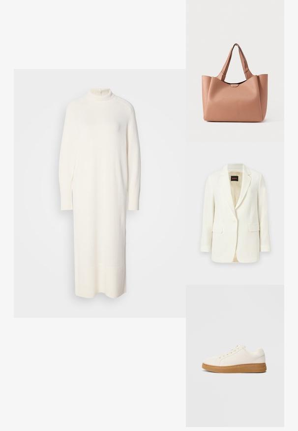 Hvid skræddersyet blazer med enkelt knap, revers med hakket krave, klaplommer og beige inderfor, mærket med BOSS-logo indvendigt i kraven.; Strikket hvid kjole med høj hals, lange ærmer og ribbede manchetter. Har en lige silhuet og knælang længde med en subtil tekstur.; Hvide lærreds sneakers med en gummisål i karamel. Rund tå, snørebåndslukning og syninger langs sålen for ekstra detalje.; Tote taske i ferskenfarvet læder med to robuste håndtag, en struktureret overflade og en metallisk logoaccent foran. Åben topdesign.
