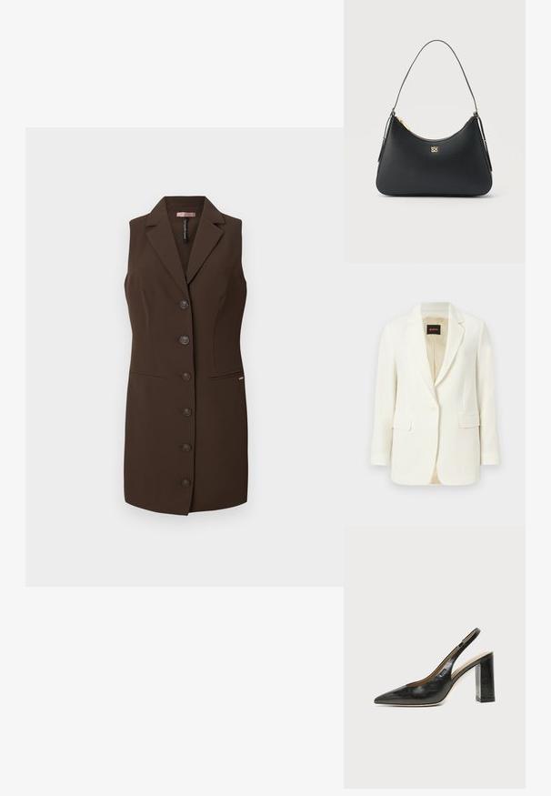 Hvid skræddersyet blazer med enkelt knap, revers med hakket krave, klaplommer og beige inderfor, mærket med BOSS-logo indvendigt i kraven.; Brun ærmeløs vest med en tætsiddende design, skrå krave og seks knaplukninger. Har to forreste lommer og en glat tekstur.; Sort læder peep-toe slingback sko med blokhæl og et lille logo på siden, sat mod en enkel hvid baggrund.; Sort læderhåndtaske med gyldent lynlås, tynd rem og gyldent "HUGO"-logo centreret på fronten.