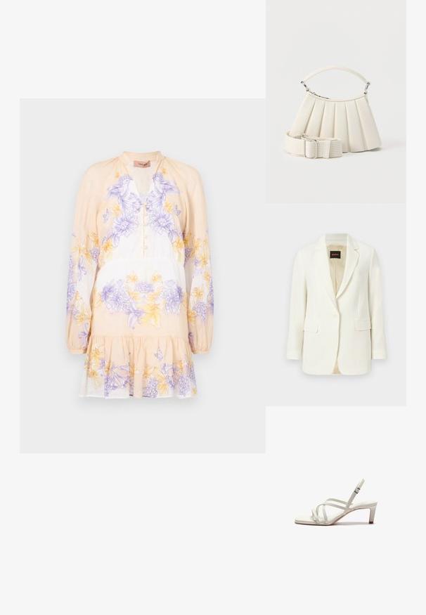 Hvid skræddersyet blazer med enkelt knap, revers med hakket krave, klaplommer og beige inderfor, mærket med BOSS-logo indvendigt i kraven.; TWINSET DRESS - Hverdagskjole - lavender/yellow; Zign Pumps - off white; Hvid plisseret håndtaske med kort håndtag og en bred aftagelig tekstureret skulderrem med sølvspænde.