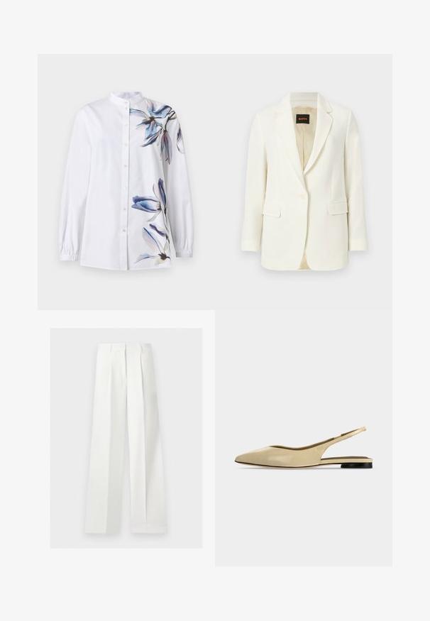 Veste blazer blanche cintrée à un bouton, avec revers crantés, poches à rabat et doublure intérieure beige, marquée du label BOSS à l'intérieur du col.; Chemise blanche à manches longues avec boutons et col mandarin, ornée de motifs floraux bleus et violets sur l'épaule droite et le bas du côté gauche.; Pantalon blanc taille haute à jambes larges, confectionné, avec plis devant et fermeture éclair cachée.; Chaussure plate beige à bout pointu avec bride arrière, petit talon noir et finition en cuir lisse, vue de côté sur un fond uni.