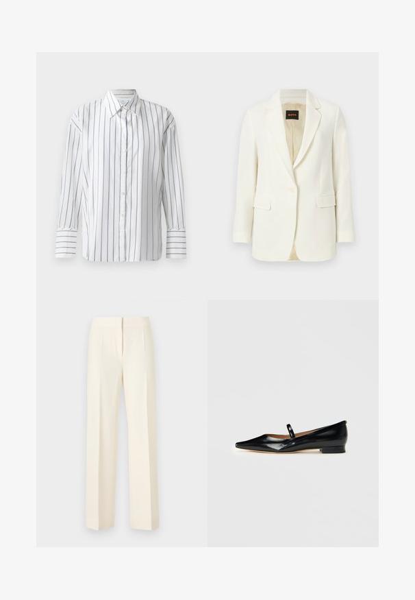 Hvid skræddersyet blazer med enkelt knap, revers med hakket krave, klaplommer og beige inderfor, mærket med BOSS-logo indvendigt i kraven.; Hvid langærmet skjorte med smalle blå lodrette striber, knaplukning foran og klassisk krave. Glat bomuldsstof, afslappet pasform.; Kremhvide skræddersyede bukser med lige ben, frontbøjle, linning og skjult lukning foran mod en ensfarvet baggrund.; Sorte patenterede læder Mary Jane flade sko med spids tå, én rem og lav hæl på ensfarvet baggrund.