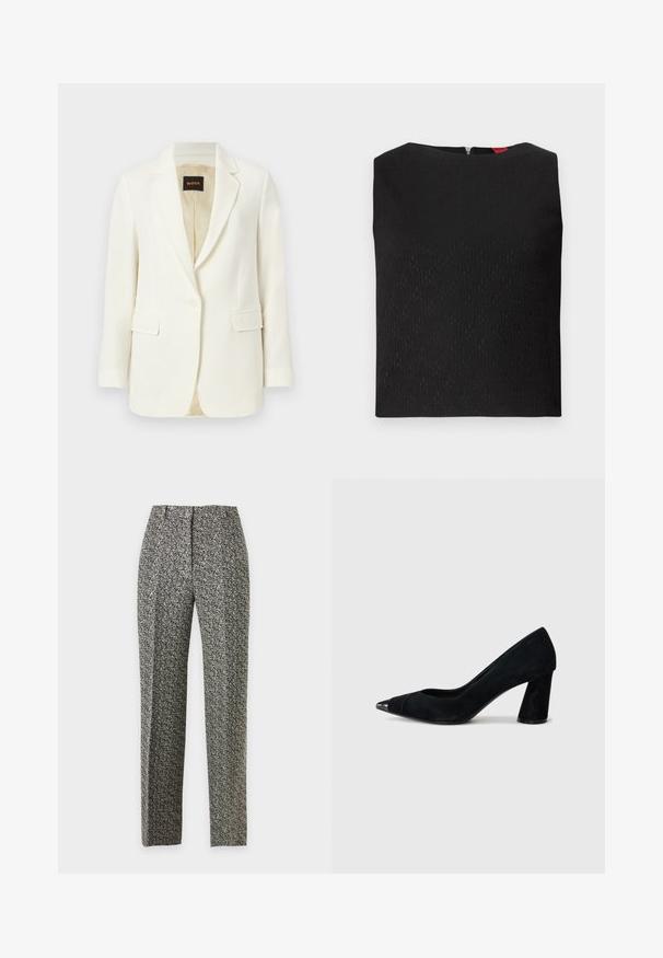 Witte getailleerde blazer met één knoop, gefixeerde rever, klepzakken en beige binnenvoering, met BOSS-label aan de binnenkraag.; Zwarte mouwloze top met een gestructureerd patroon, vierkante halslijn en een rits aan de achterkant. Bevat subtiele logo-accenten in de stof geweven.; Hoge taille rechte broek met zwart-wit visgraatmotief, voorvouw en zijzakken.; Zwarte suède hoge hakpumps met een puntige neus, voorzien van een glanzende zwarte kapneus en een chunky, taps toelopende hak.
