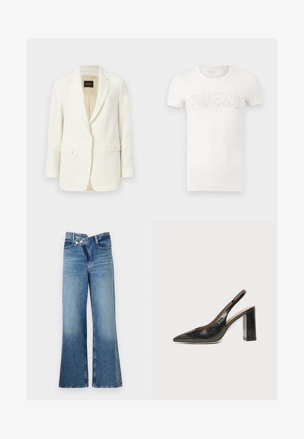 Weißer, einreihiger Blazer mit maßgeschneiderter Passform, mit Notch-Revers, Pattentaschen und beigem Innenfutter, innen am Kragen mit BOSS-Label versehen.; Weißes T-Shirt mit kurzen Ärmeln und Rundhalsausschnitt, mit dem "GUESS"-Logo auf der Brust, verziert mit kleinen Strasssteinen.; Helle, blaue Jeans mit weit ausgestellt Bein und hoher Taille, ausgestattet mit zwei Knöpfen und vorderen Taschen. Der Stoff hat eine ausgewaschene Textur mit subtilen Variationen.; Schwarzer Leder-Slingback-Schuh mit spitzer Kappe, hohem Blockabsatz und beigegefüttertem Innenraum vor hellem, einfarbigem Hintergrund.
