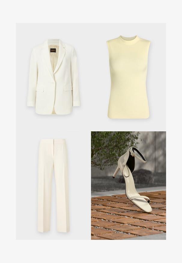 Veste blazer blanche cintrée à un bouton, avec revers crantés, poches à rabat et doublure intérieure beige, marquée du label BOSS à l'intérieur du col.; Top sans manches en maille côtelée jaune pâle avec un col rond montant, silhouette ajustée et tissu doux texturé.; Pantalon droit sur mesure couleur blanc cassé avec pli avant, ceinture et fermeture avant dissimulée sur un fond uni.; Sandale beige à talons hauts avec bride à la cheville posée sur des lattes en bois en extérieur, avec un arrière-plan flou de verdure et de béton.