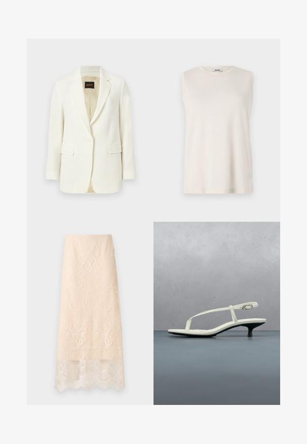 Veste blazer blanche cintrée à un bouton, avec revers crantés, poches à rabat et doublure intérieure beige, marquée du label BOSS à l'intérieur du col.; Top sans manches en tissu beige clair, avec un col rond et une coupe décontractée. Texture lisse sans embellissements ni motifs.; Jupe midi couleur crème avec une superposition en dentelle florale complexe et un ourlet festonné, présentée à plat sur un fond blanc.; Sandale blanche à talon kitten avec des lanières et un bout pointu, flottant au-dessus d'un sol en carrelage en bois en plein air avec un arrière-plan flou de plante et de mur.