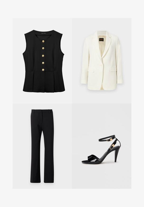 Veste blazer blanche cintrée à un bouton, avec revers crantés, poches à rabat et doublure intérieure beige, marquée du label BOSS à l'intérieur du col.; Blouse noire sans manches avec encolure ronde, boutons dorés sur le devant et détails légèrement évasés à la taille, marque Anna Field.; Pantalons noirs au design ajusté, fabriqués dans un tissu lisse avec une légère élasticité. Équipés de passants de ceinture et d'une coupe droite.; Sandale à talon haut en cuir verni noir avec double bride de cheville et boucles dorées, bout ouvert, et talon effilé sur fond neutre.