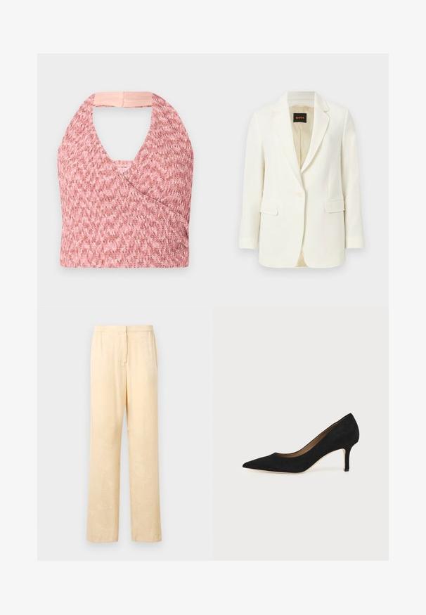 Weißer, einreihiger Blazer mit maßgeschneiderter Passform, mit Notch-Revers, Pattentaschen und beigem Innenfutter, innen am Kragen mit BOSS-Label versehen.; Helles rosa Halftertop aus strukturiertem Strickstoff mit Wickeldesign, das hinten ein weiches beige Band für einen sicheren Sitz hat.; Helle, locker sitzende Hosen in einem dezenten Blattmuster. Mit elastischem Bund und geradem Beinansatz. Glatte Textur.; Schwarzer Wildleder-Pumps mit spitzer Schuhspitze, schlankem mittelhohem Stiletto-Absatz und tiefem Ausschnitt auf einfachem Hintergrund.
