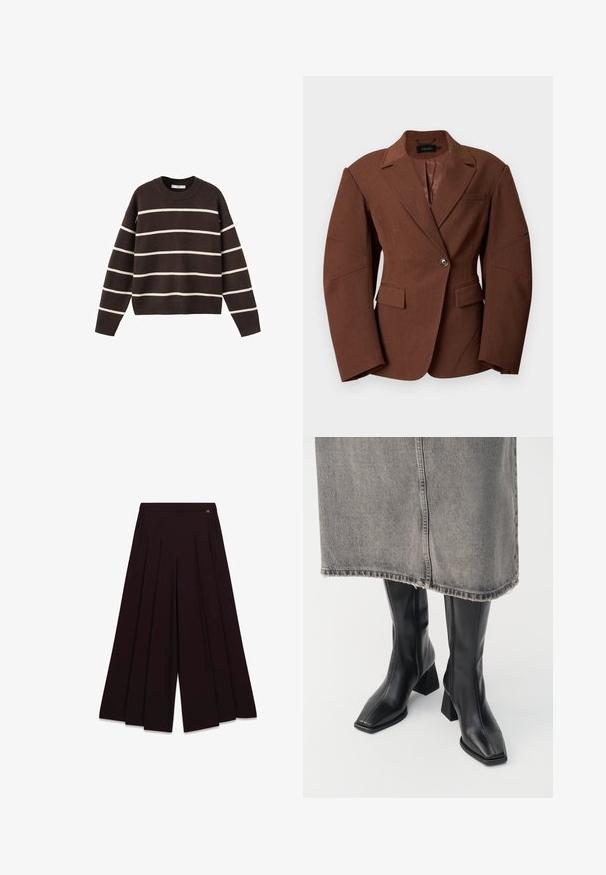 Brun skræddersyet blazer med enkelt knaplukning, hakkede rever, to klaplommer og en brystlomme, vist mod en hvid baggrund.; Brun sweater med hvide vandrette striber, rund halsudskæring, lange ærmer og ribbede manchetter og kant, lavet af strikket stof.; Sort vidbenet plisseret nederdel med høj talje og lille gulddetalje med logo nær linningen på højre side.; Sorte knæhøje støvler i glat læder med firkantet tå og blokeret hæl. Båret med en grå denimnederdel med flosset kant.