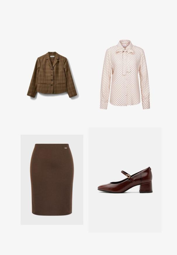 Brun ternet blazer med notchet krave, fire knapper foran og to vandrette lommer, vist på hvid baggrund.; Lyserød bluse med lange ærmer med sorte polkaprikker, knapper foran, manchetter og en bundet sløjfe ved kraven.; Brun blyantskørter i strækstof med en glat tekstur. Har en tætsiddende silhuet og et lille metallogo på taljen.; Brun læder Mary Jane-sko med lav blokhæle og guldlåsrem, sidevisning på hvid baggrund.