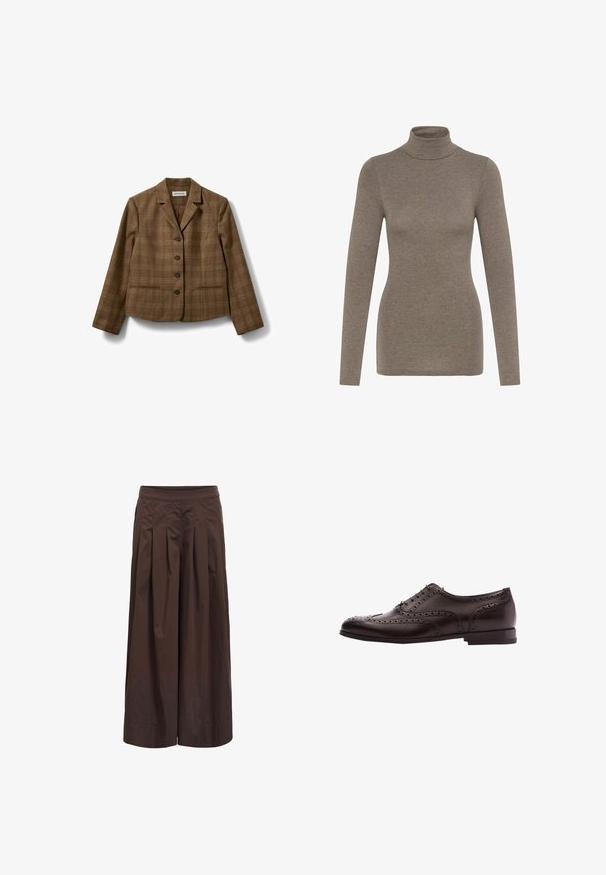 Blazer à carreaux marron avec col cranté, quatre boutons sur le devant et deux poches horizontales, présenté sur fond blanc.; Haut à col roulé en brun, à manches longues, composé d'un tissu doux. Présente un design ajusté avec un col haut et une texture lisse. Aucune motif ou accent visible.; Pantalon marron à jambes larges avec plis devant et taille ajustée, fabriqué en tissu léger, présenté sur fond blanc.; Chaussure habillée en cuir marron avec des détails de brogue, fermeture à lacets, bout arrondi et un petit talon empilé. Fini poli et perforations complexes.
