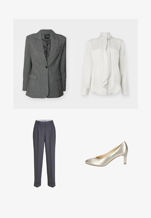Grijze blazer van een gestructureerde stof, met een notch-lapel, enkele knoopsluiting en twee vo pockets. Voering van binnenin zichtbaar.; Witte blouse met lange mouwen en hoge hals, met een voorzijde die is afgewerkt met een gestrikte sjaaldetail, gemaakt van een gladde satijnachtige stof.; Donkergrijze op maat gemaakte broek met een recht gesneden ontwerp, geplooid voorpand en omslagmanchetten. Gemaakt van soepel materiaal, met een klassieke tailleband.; Metallische zilveren hoge hakpumps met een spitse neus, een gladde textuur en een hak van 6,5 centimeter, met een minimalistisch ontwerp en zonder versieringen.