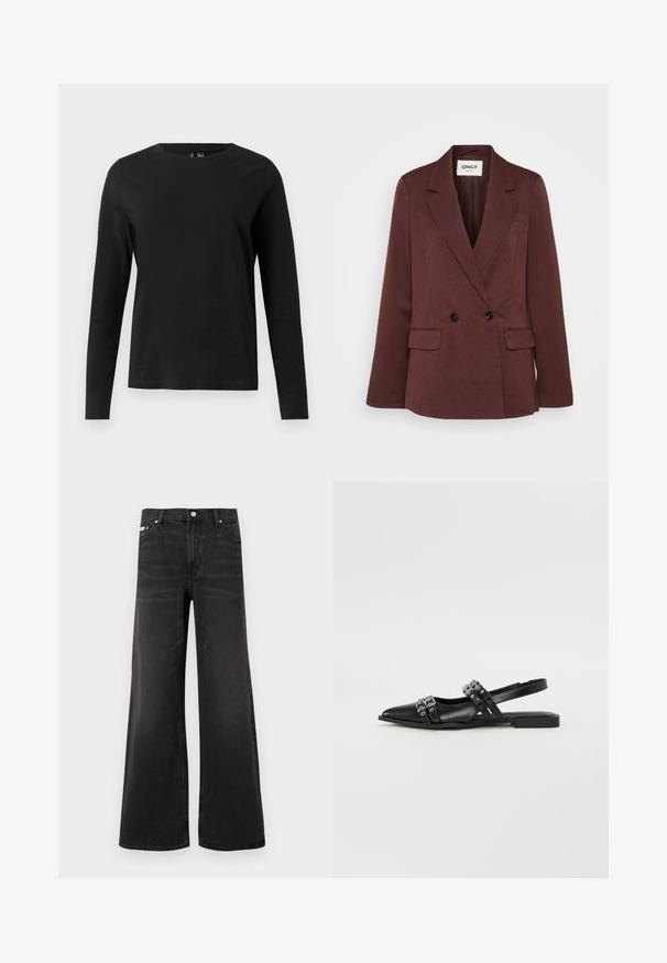 Bordeaux dobbeltbrystet blazer lavet af et struktureret stof med sorte knapper, der har to forreste lommer og en defineret krave.; Sort langærmet t-shirt lavet af bomuld med rund hals. Har en glat tekstur og et simpel design, velegnet til afslappet brug.; Sorte denim-jeans med vidde ben, lukkes foran med knap og lynlås, bæltestropper og fem-lomme-design.; Even&Odd Slingback-ballerinasko - black