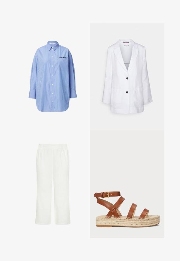 Tommy Hilfiger RELAXED - Blazer - white; Camisa de botón a rayas azul con un bolsillo que presenta el texto "STUDIO UNTOLD", cuello clásico y mangas largas.; Pantalones cortos con cintura elástica blanca y pernera ancha, hechos de tela ligera, adecuados para uso casual o de verano.; Sandalia de cuero marrón con tres tiras y hebilla en el tobillo, que cuenta con una suela de yute trenzado para mayor textura y altura.