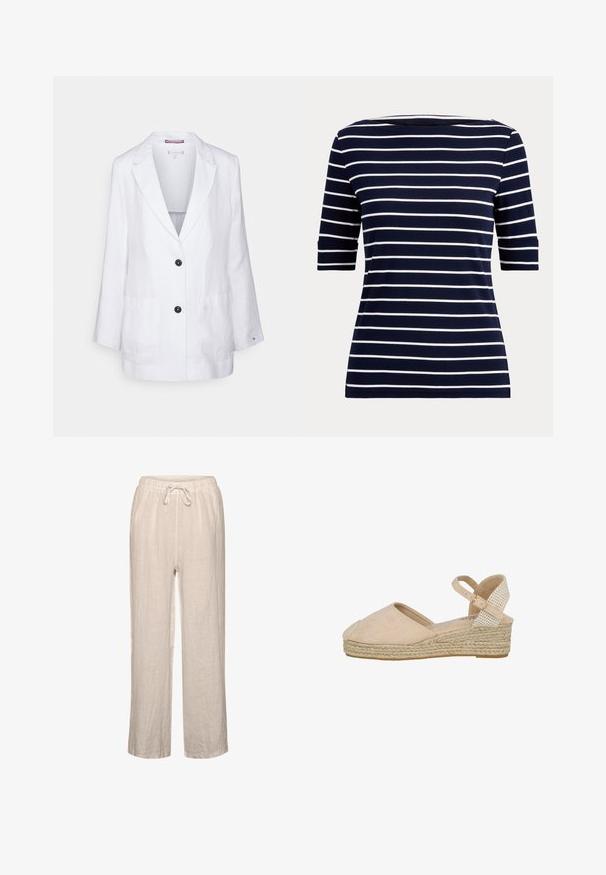 Tommy Hilfiger RELAXED - Blazer - white; Camisa azul marino con rayas horizontales blancas y mangas hasta el codo, mostrada sobre un fondo claro y sencillo.; Pantalones de lino en beige claro con cintura elástica y cordón, que presentan un corte relajado y diseño de pierna recta.; Sandalia espadrille de cuña beige con puntera cerrada, correa de tobillo con hebilla dorada y suela de cuerda trenzada.