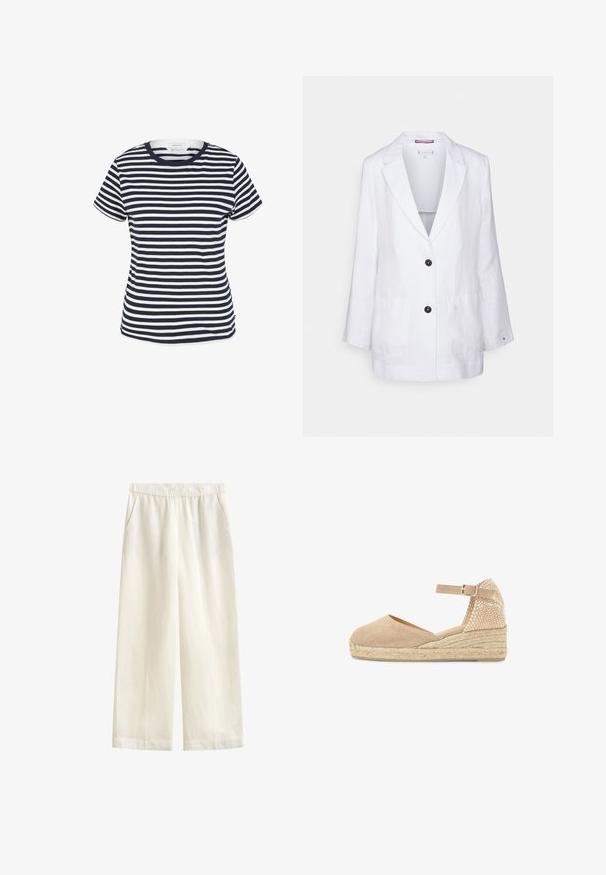 Tommy Hilfiger RELAXED - Blazer - white; Marineblå og hvid stribet t-shirt lavet af økologisk bomuld, med rund halsudskæring og korte ærmer, samt en lige kant forneden.; GANT BLEND PULL ON PANTS - Bukser - eggshell; Beige kile espadrillesko med ankelremsspænde, vævet hælkappe og flettet juttesål.