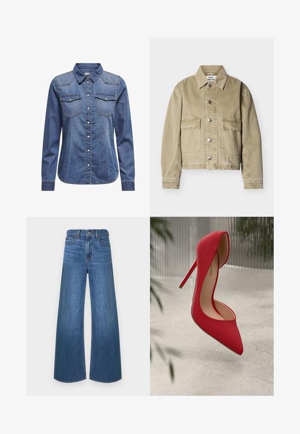 Beežist teksatagi pikkade varrukatega, kahe esiküljel oleva fläpiga tasku, metallist trukkidega ja klassikalise kraega, laotatud valgel taustal.; Tumedates denim särk, millel on kaelus, pikad varrukad, kahekordsed rinnataskud ja kontrastsed õmblused.; Laia säärtega sinised teksapüksid, esikinnis nupuga ja tõmblukuga, viie taskuga ja vööaasadega, valge tausta ees.; Punase kõrge kontsaga king, millel on terav nina ja sile sametine viimistlus. Omab stilettokontsa ja kuldset aksenti kanna aluses.
