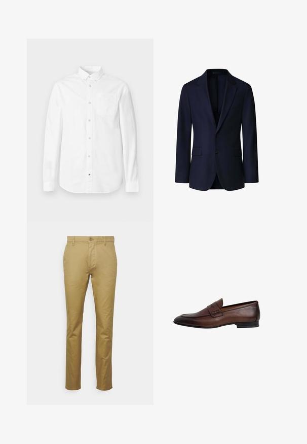 Marineblazer van getextureerde stof met een twee-knops sluiting, notch-revers en twee voorkiezen.; Witte blouse met lange mouwen van katoen. Voorzien van een button-down kraag, voorzak en subtiele textuur. Rechte zoom met knoopsluitingen.; Khaki chinos van soepel katoen, met een klassieke rechte pijpontwerp, een voorzak en een enkele knoopsluiting bij de taille.; Donkerbruine leren herensloafers met een pennyriem, afgeronde neus, lage hak en een gladde afwerking.