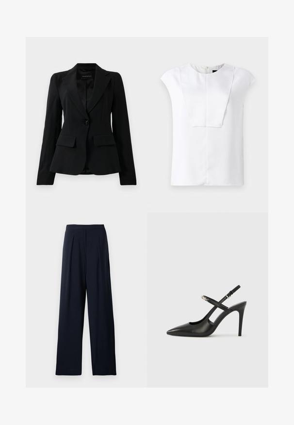 Sort skræddersyet blazer med klapkrave, enkelt sort knaplukning og to frontlomme med klap, præsenteret mod en ensfarvet hvid baggrund.; Hvid kortærmet bluse med rund halsudskæring og en rektangulær frontpaneldetalje, vist på en ensfarvet baggrund.; Marineblå brede bukser med folder, lavet af blødt stof. Har en glat talje og et enkelt design til alsidig brug.; Sorte læder slingback-højhæle med spids tå, udskåret design og justerbar rem med metalhardware.