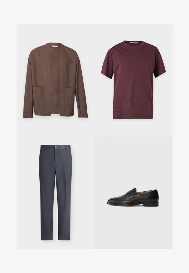 Cardigan marron ouvert sur le devant avec manches longues et deux poches plaquées à l'avant, présenté sur un fond uni.; T-shirt manches courtes à col rond de couleur bordeaux foncé uni, présenté à plat sur un fond clair.; Pantalon habillé sur mesure gris foncé avec fermeture par bouton et zip, passants de ceinture et coupe droite sur fond blanc.; Mocassin en cuir noir avec un bout arrondi, des coutures subtiles et un talon bas, présentant une texture lisse et un design minimaliste.
