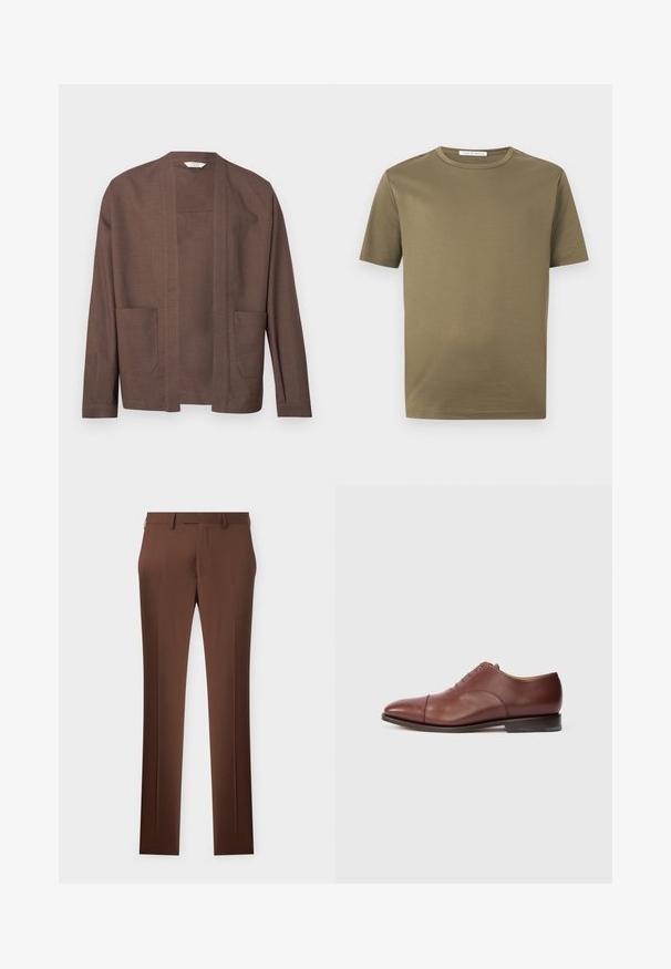 Cardigan marron ouvert sur le devant avec manches longues et deux poches plaquées à l'avant, présenté sur un fond uni.; T-shirt vert olive à manches courtes et col rond, de design uni, présenté sur un fond blanc.; Pantalon habillé marron sur mesure avec passants de ceinture et fermeture éclair devant, sur fond blanc.; Chaussure de ville Oxford en cuir brun avec bout amovible, lacets fermés et petit talon empilé sur fond blanc.
