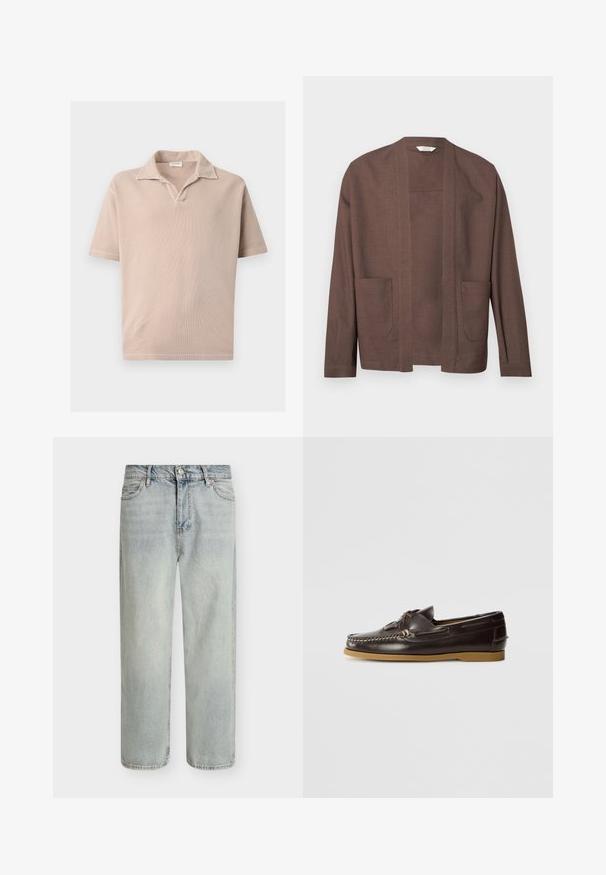 Cardigan marron ouvert sur le devant avec manches longues et deux poches plaquées à l'avant, présenté sur un fond uni.; Polo beige à manches courtes avec tissu texturé et col ouvert, présenté sur un fond blanc uni.; Jean en denim bleu clair avec une coupe décontractée, des jambes droites et une finition légèrement délavée. Il comporte cinq poches et des détails cousus.; Hereu SALER NAUTIC - Chaussures bateau - dark brown