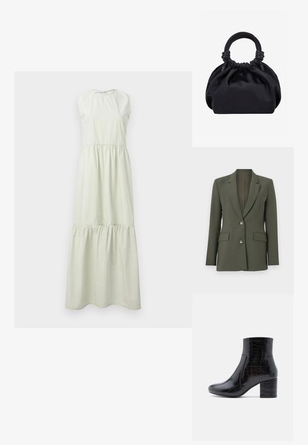 Donkergroene blazer met een getailleerde pasvorm, enkelvoudige knoopsluiting, twee voorzakken en twee knopen. Glad materiaal en geknipte revers.; Maxi-jurk in lichtgroen, met een ronde halslijn, zonder mouwen en verzamelde, gelaagde delen. Zachte katoenstof met een vloeiende vorm.; Zwarte enkellaars gemaakt van glanzend krokodillenprintleer. Voorzien van een ronde neus en een dikke blokhak. Gladde textuur en slank ontwerp.; Zwarte zachte stoffen handtas met geplooide bovenkant en afgeronde handvatten die aan de basis geknoopt zijn, tegen een effen lichte achtergrond.